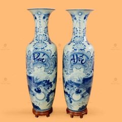 Lộc Bình 1M4 Men Lam Vẽ Kỹ Phúc Đức